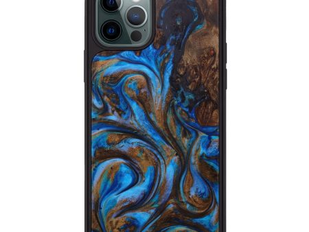 iPhone 12 Pro Wood+Resin Phone Case - Suzette (Teal & Gold, 601037) For Sale