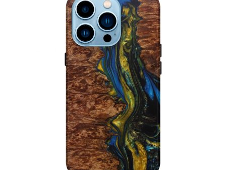 iPhone 14 Pro Wood+Resin Live Edge Phone Case - Dayna (Teal & Gold, 600518) Supply