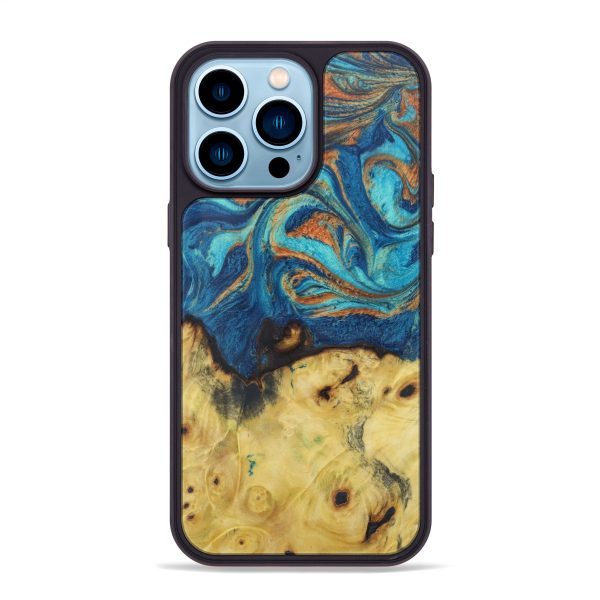 iPhone 14 Pro Max Wood+Resin Phone Case - Wileen (Teal & Gold, 602804) For Cheap