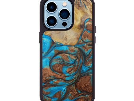 iPhone 14 Pro Wood+Resin Phone Case - Vallier (Teal & Gold, 598295) For Cheap