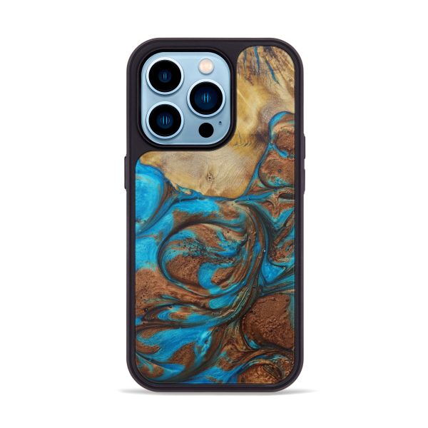 iPhone 14 Pro Wood+Resin Phone Case - Vallier (Teal & Gold, 598295) For Cheap