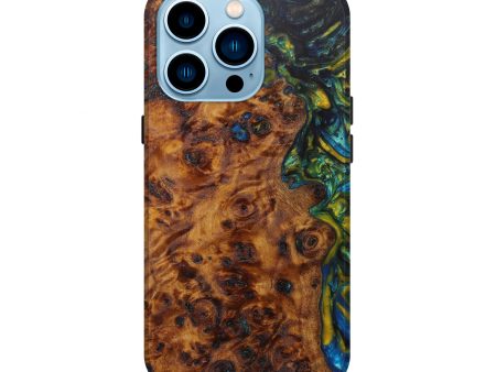 iPhone 14 Pro Wood+Resin Live Edge Phone Case - Shanna (Teal & Gold, 597359) on Sale