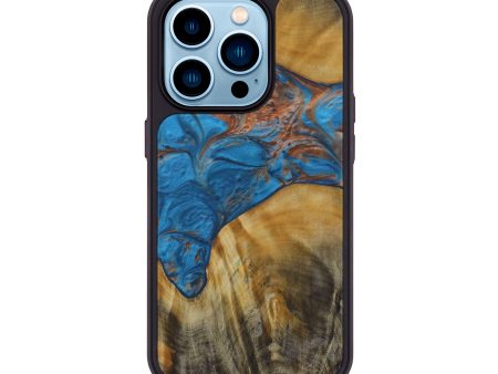 iPhone 14 Pro Wood+Resin Phone Case - Uta (Teal & Gold, 596929) Cheap