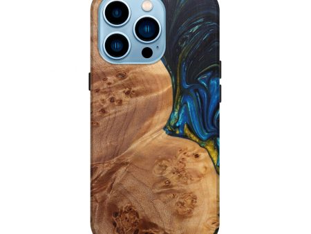 iPhone 14 Pro Wood+Resin Live Edge Phone Case - Charlena (Teal & Gold, 601255) on Sale