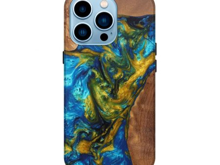 iPhone 14 Pro Wood+Resin Live Edge Phone Case - Annette (Teal & Gold, 596285) Cheap